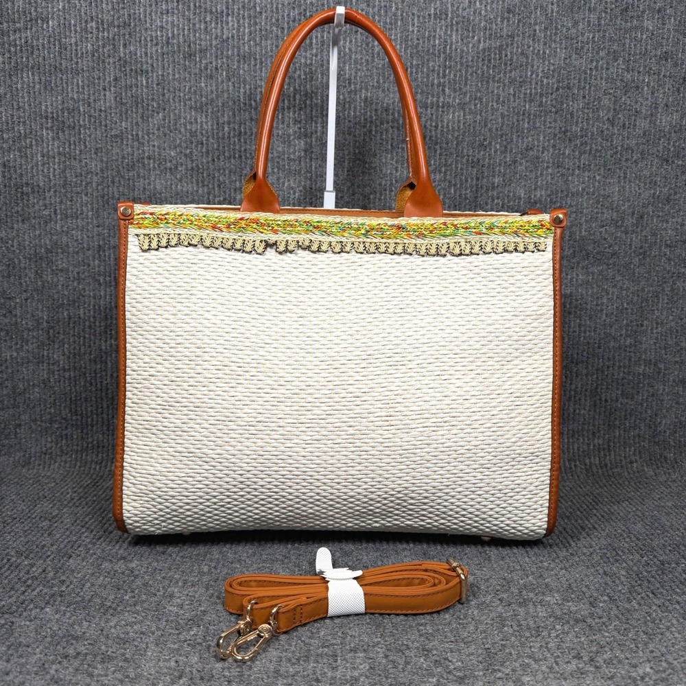 Boho Woven Convertible Tote Crossbody Bag Ivory Cognac Embroidered Fringe Resort
